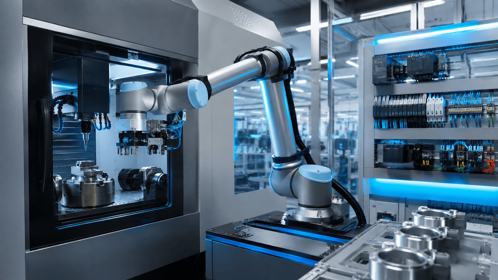 Representative robotic machine-tending cell with industrial controls